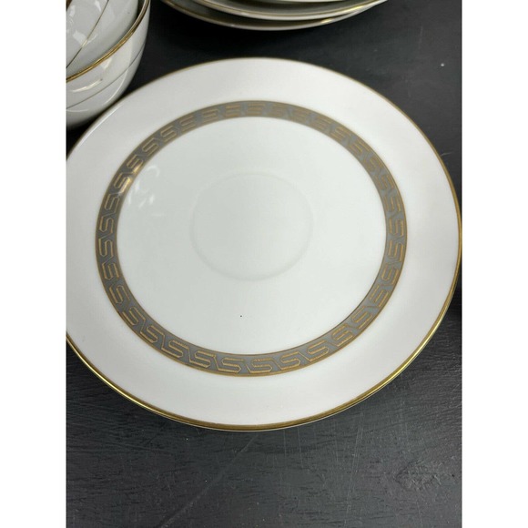 Noritake Japan 4 Cup and Saucers Set Bowl Grey Gold Greek Key Hartford 5944 - Picture 4 of 9